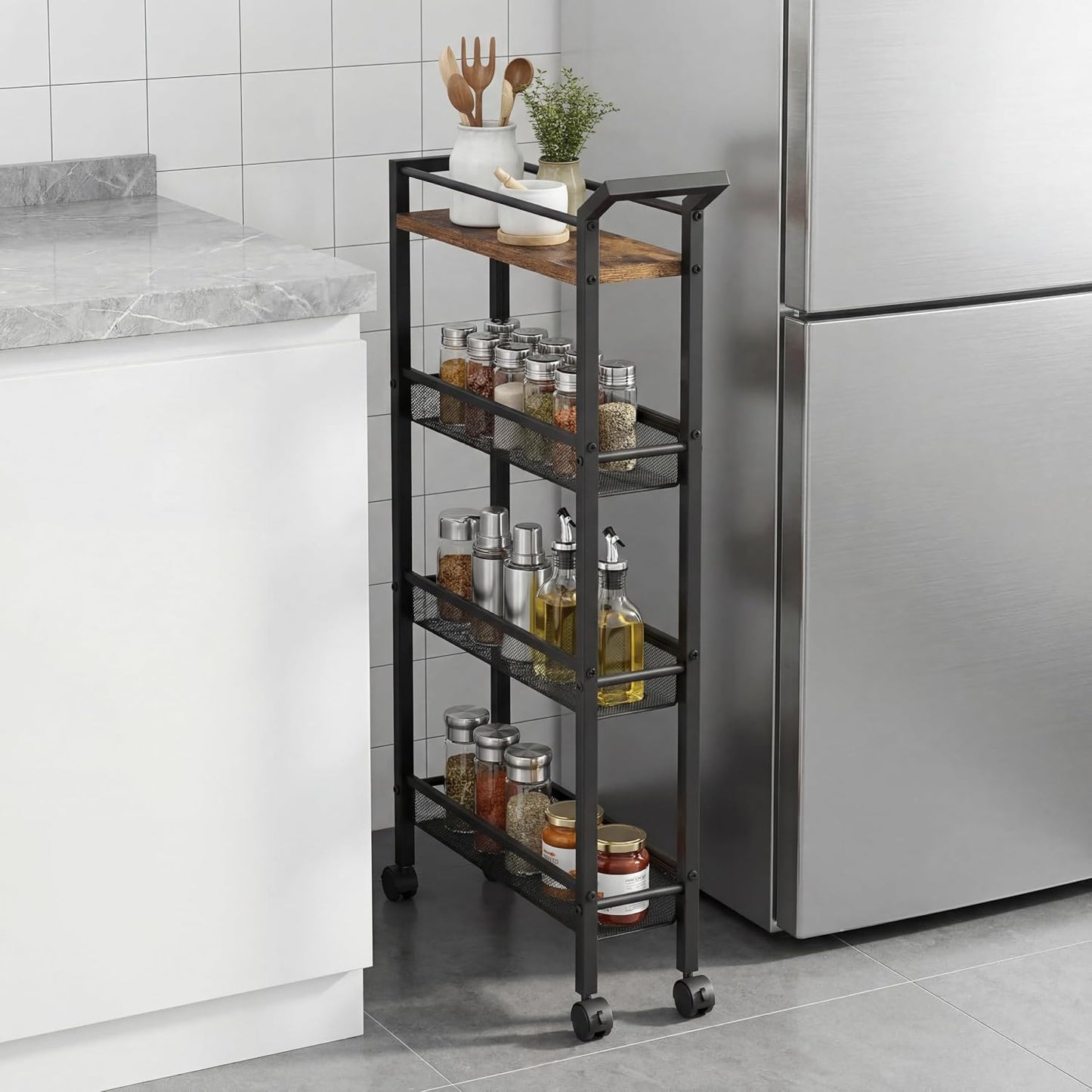 4 Tier Slim Rolling Storage Cart, 5.1 Inch Wide Narrow Storage Cart with Handle, Iron Wood Utility Slide Out Pantry Shelf Organizer for Laundry Room, Bathroom, Kitchen, Small Spaces,White