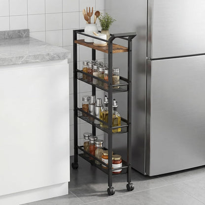 4 Tier Slim Rolling Storage Cart, 5.1 Inch Wide Narrow Storage Cart with Handle, Iron Wood Utility Slide Out Pantry Shelf Organizer for Laundry Room, Bathroom, Kitchen, Small Spaces,White