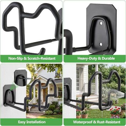 Heavy Duty Garden Hose Holder Wall Mount - Gloss Black Rust-Resistant Metal Hanger with Nozzle Slot, PVC Coated for Indoor/Outdoor Use