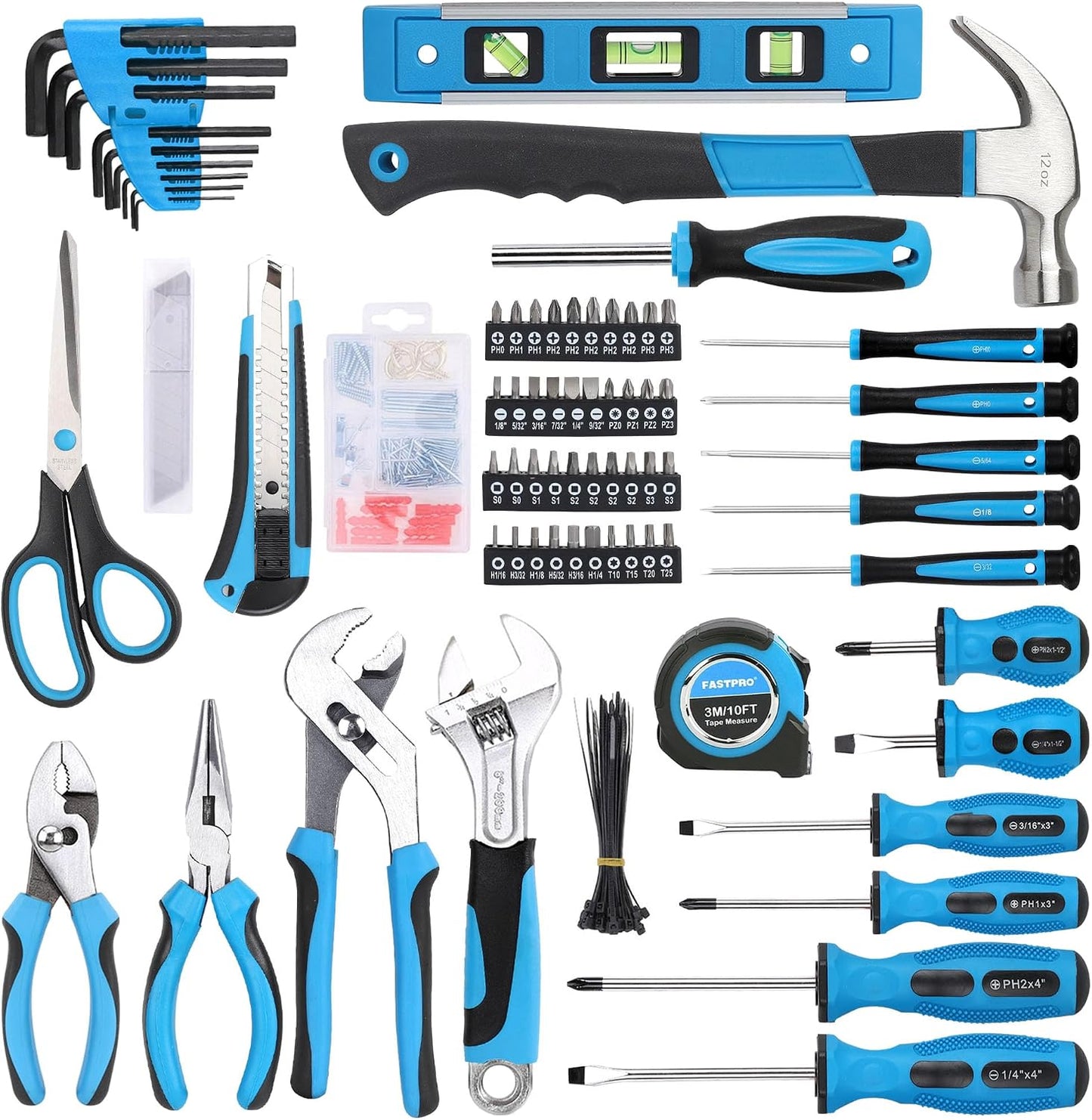 FASTPRO 220-Piece Home Tool Set, Household Repairing Tool Kit, with 12-Inch Wide Mouth Open Storage Tool Bag, Green