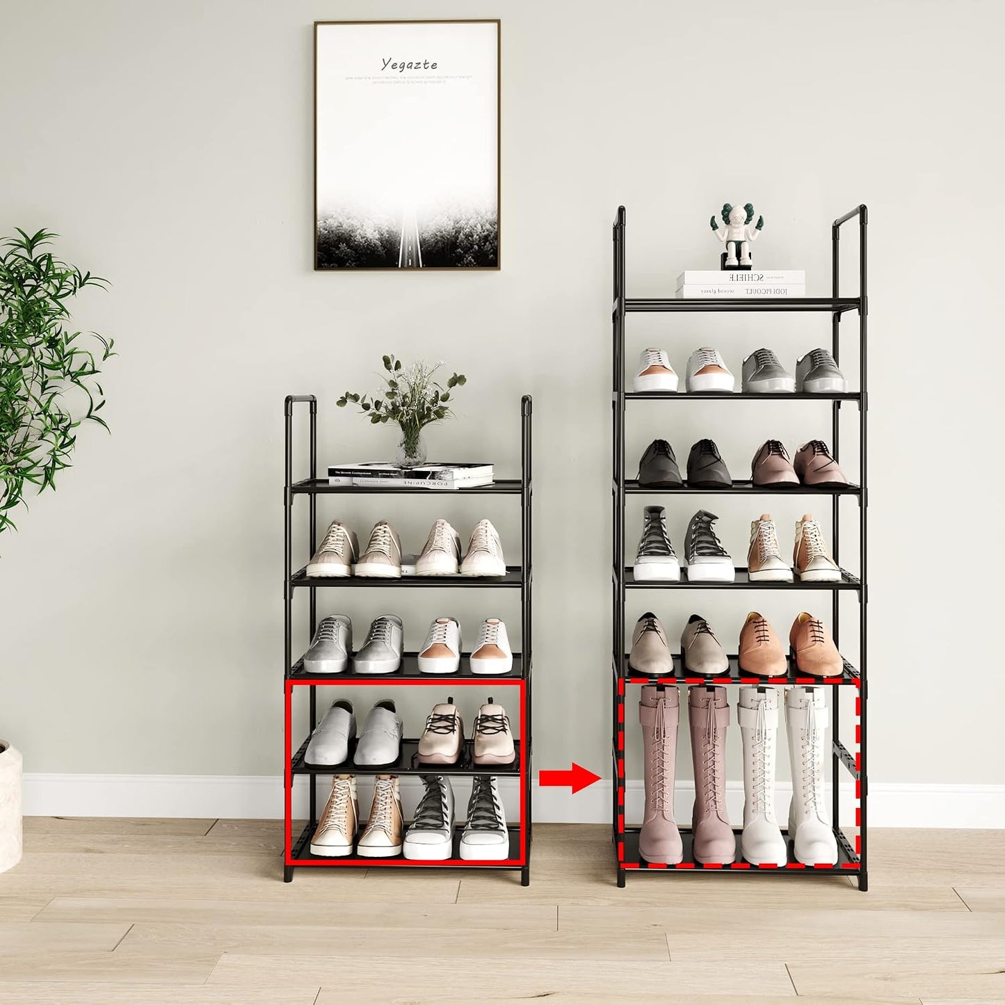 Upgrade Stackable Small Shoe Rack, 4-Tier Shoe Shelf Storage Organizer with Handle for Entryway, Hallway and Closet (Black)