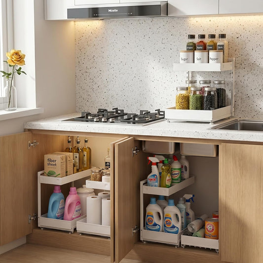 Under Sink Organizer 2 Pack, 2-Tier Metal Slide-Out Cabinet Organizer and Storage for Bathroom Kitchen, Height Adjustable Under Sink Storage Shelf with Pull-Out Drawer (2 Sets)