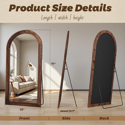 Antok Full Length Mirror with Solid Wood Frame, 71"×32" Wall Mounted Oversized Floor Mirror with Stand, Leaning Standing Hanging for Bedroom Living Room Entryway, Walnut, Arched Syle