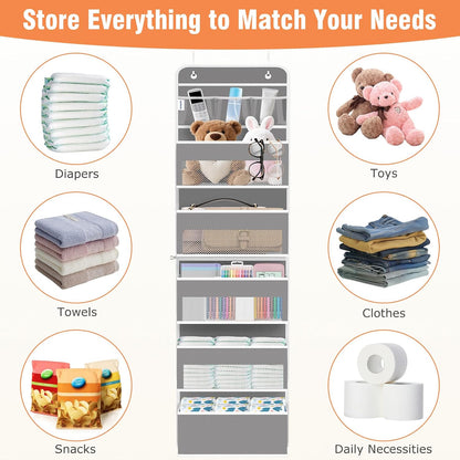 WISELIFE Over The Door Organizer Storage 4 Shelves Large Capacity Hanging Bedroom Storage Solution with 6 Side Pockets for Dorm Bathroom Pantry Nursery and Baby Essentials Holds up to 40 Lbs (Black)