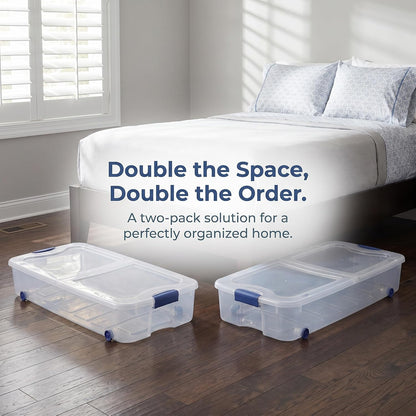 Under Bed Storage Bin 66 Quart, Clear Rolling Container with Wheels & Lid (1 Pack)