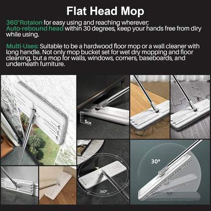 JOYMOOP Mop and Bucket Set, Flat Mops for Floor & Wall Cleaning, Commercial & Household Use, Hardwood Floor Mop with Long Handle & 4 Microfiber Pads