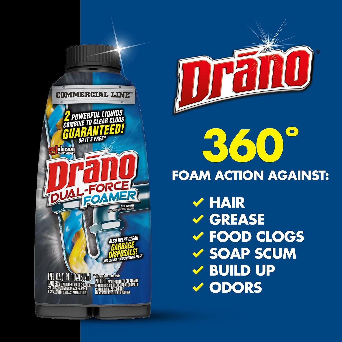Drano EarlyAction Foamer, Drain Clog Remover & Cleaner, Unclogs Hair, Grease, Soap & Slow Drains, Removes Sources of Odor, Safe for Septic, Pipes, Garbage Disposals, Showers & Sinks, 17 Fl Oz