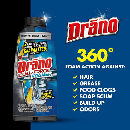 Drano EarlyAction Foamer, Drain Clog Remover & Cleaner, Unclogs Hair, Grease, Soap & Slow Drains, Removes Sources of Odor, Safe for Septic, Pipes, Garbage Disposals, Showers & Sinks, 17 Fl Oz