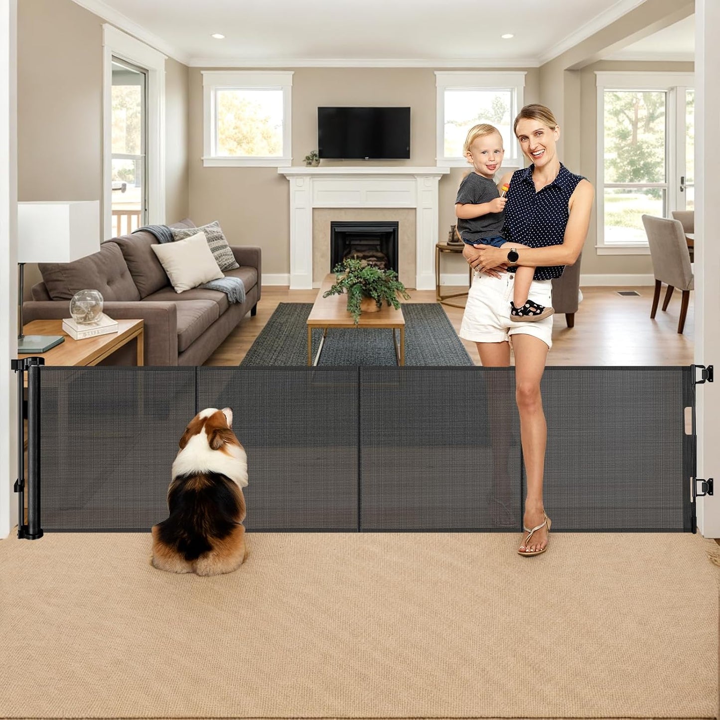 Reinforced 28-Inch Tall Retractable Baby Gates for Doorways, Walk Through Pet Gate for Stairs, Short Baby Gate with Support Rods, 55 Inch Wide Mesh Gate Retractable Gate Small Dog Gate, Gray