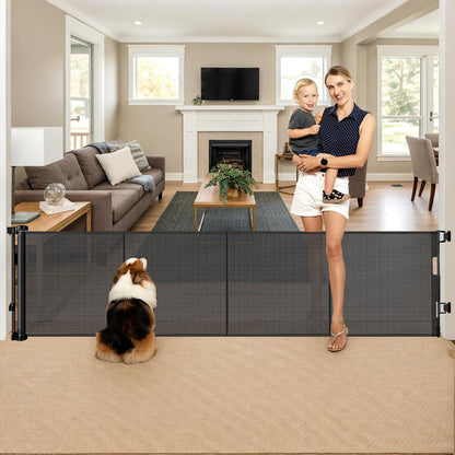 Reinforced 28-Inch Tall Retractable Baby Gates for Doorways, Walk Through Pet Gate for Stairs, Short Baby Gate with Support Rods, 55 Inch Wide Mesh Gate Retractable Gate Small Dog Gate, Gray