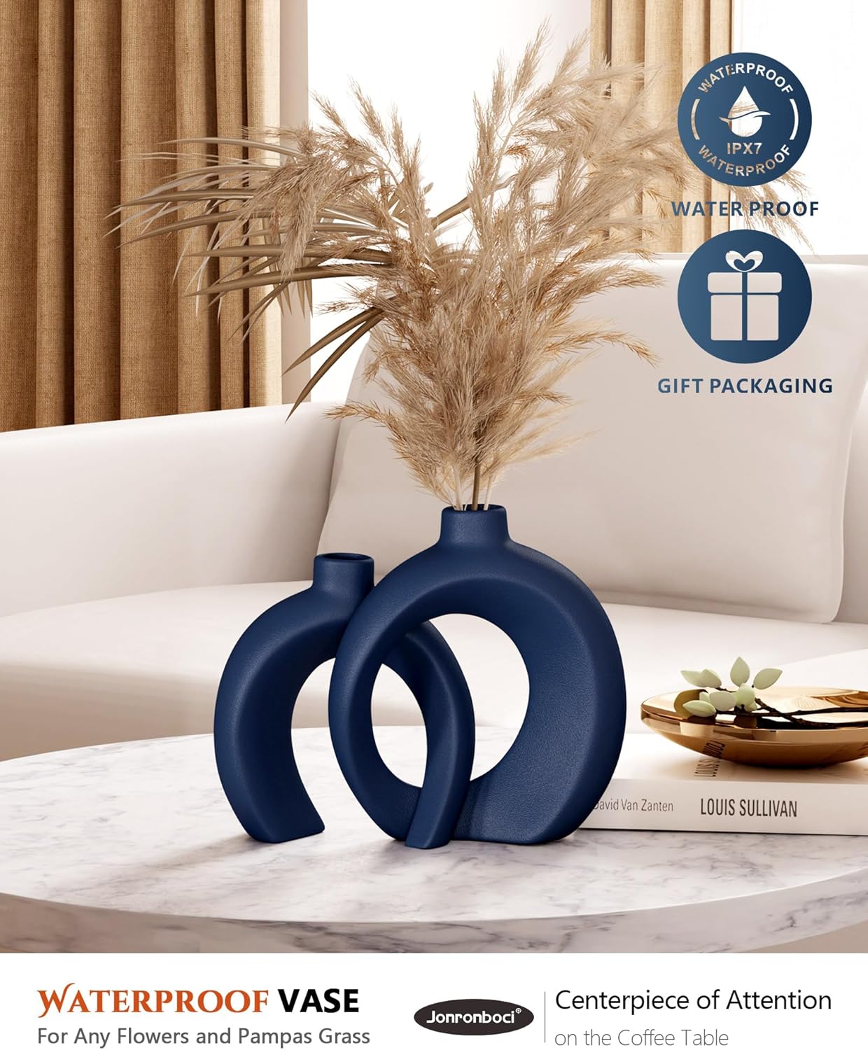 7.2″Hx8.9″H Donut Shape Decorative Vase Set of 2, Ceramic, Modern Minimalism Styles, Flowers or Plant Table Vases for Home Decor Living Room Shelf Entry Console Mantle Dining Centerpiece (Matte White)