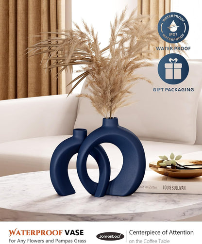 7.2″Hx8.9″H Donut Shape Decorative Vase Set of 2, Ceramic, Modern Minimalism Styles, Flowers or Plant Table Vases for Home Decor Living Room Shelf Entry Console Mantle Dining Centerpiece (Matte White)