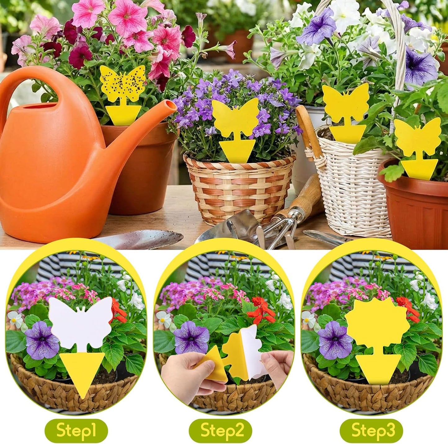 120 Pack Fruit Fly Traps Fungus Gnat Sticky Traps Yellow Black Green Plant Fly Stickers Double Side with Shovel for Indoor Outdoor Kitchen Garden Houseplant Flying Bug Insect (Flower)