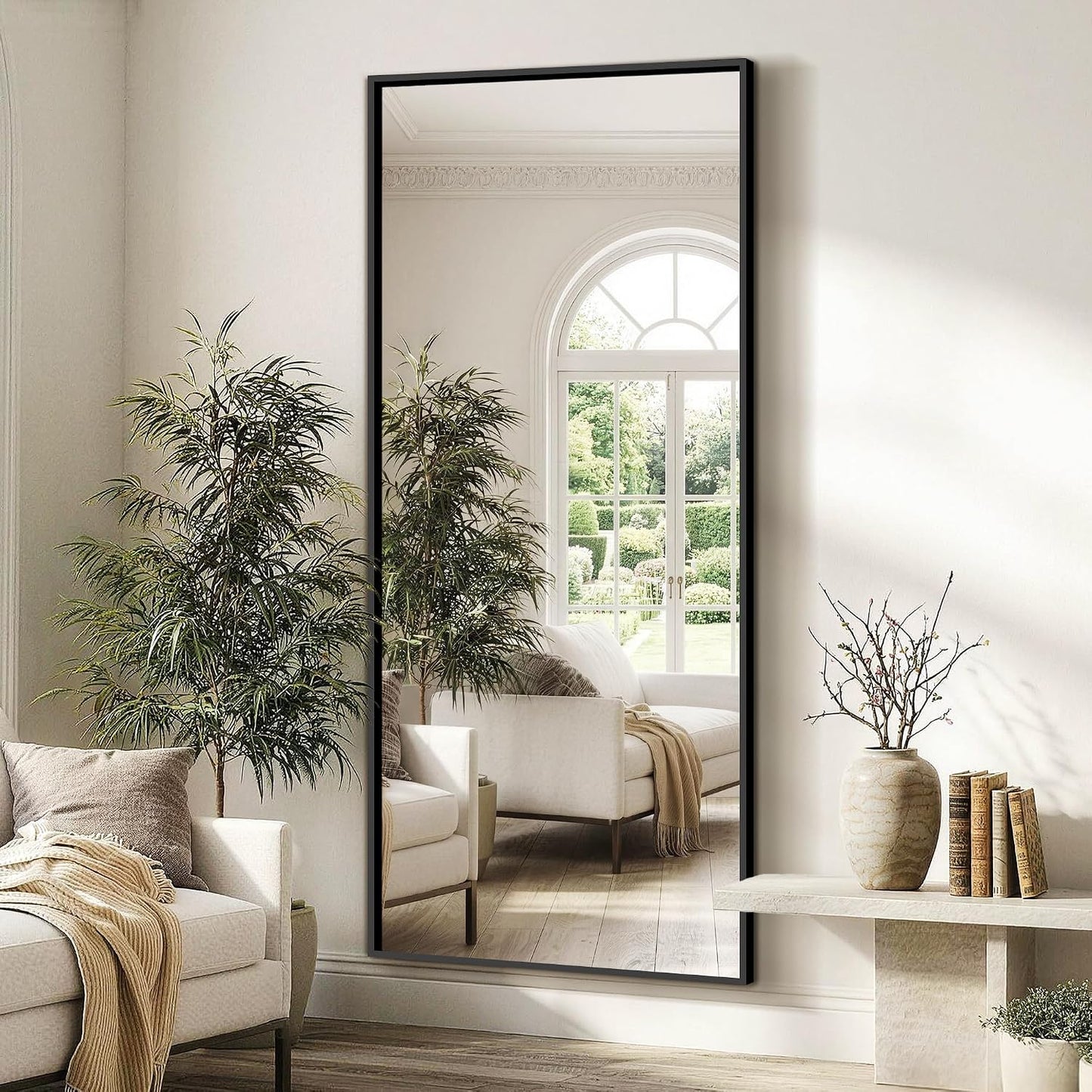 FICTOR Full Length Mirror with Stand, Floor Standing Mirror Full Body, HD Shatterproof Black Frame Wall Mirror for Bedroom, Living Room, Dressing Room & Entryway, 56"x15"