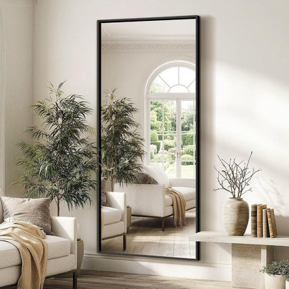 FICTOR Full Length Mirror with Stand, Floor Standing Mirror Full Body, HD Shatterproof Black Frame Wall Mirror for Bedroom, Living Room, Dressing Room & Entryway, 56"x15"