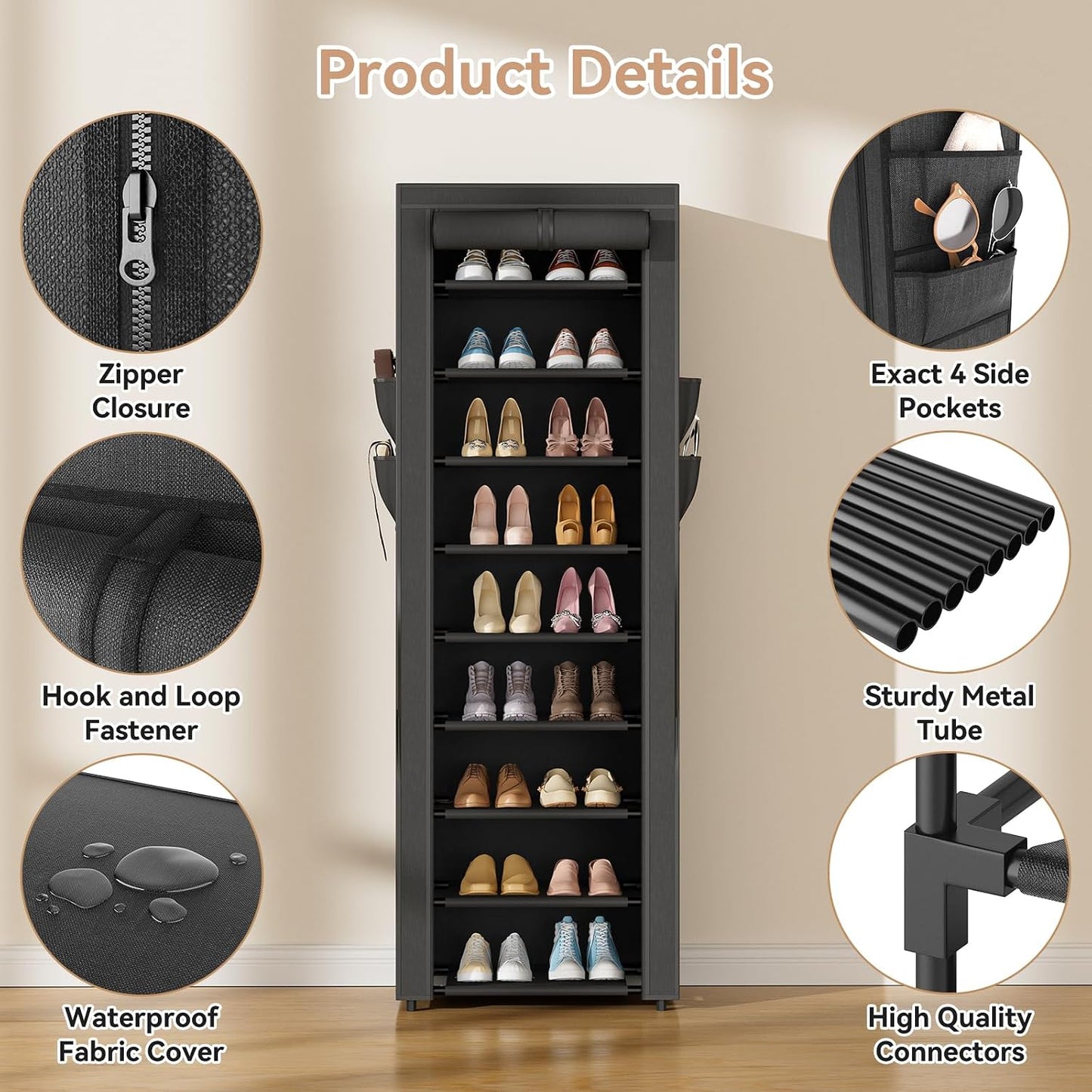 LANTEFUL Shoe Rack with Covers - 10 Tiers Tall Shoe Rack Organizer Large Capacity Shoe Shelf Storage 40 Pairs Space Saving Vertical Shoe Storage Organizer for Closet, Entryway, Dorm, Bedroom
