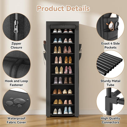 LANTEFUL Shoe Rack with Covers - 10 Tiers Tall Shoe Rack Organizer Large Capacity Shoe Shelf Storage 40 Pairs Space Saving Vertical Shoe Storage Organizer for Closet, Entryway, Dorm, Bedroom