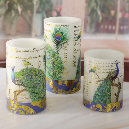 Glass Flameless Candles Flickering Battery Operated LED Pillar Candles Set of 3 with Timer and and 10-Key Remote Green Branch Floral Spring Summer Theme for Wedding Festival Home Decoration