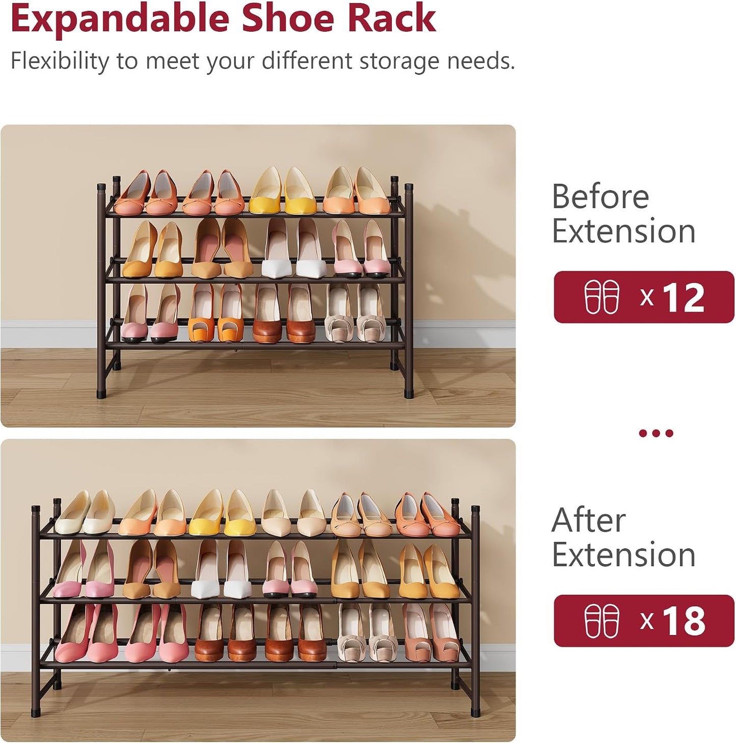 Tajsoon Expandable Shoe Rack for Closet 3 Tier, 28“-41“Adjustable & Stackable Shoe Shelf Storage, Metal Shoe Rack Organizer for Front Door Entrance, Closet, Garage, Entryway, Black