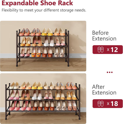 Tajsoon Expandable Shoe Rack for Closet 3 Tier, 28“-41“Adjustable & Stackable Shoe Shelf Storage, Metal Shoe Rack Organizer for Front Door Entrance, Closet, Garage, Entryway, Black