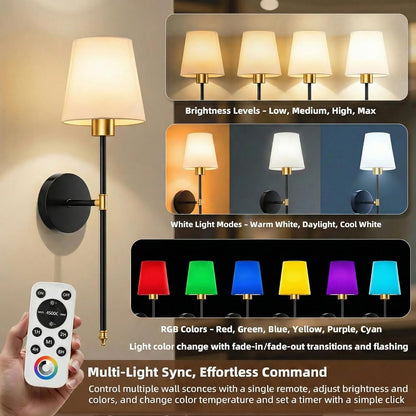 IRONPAX Wall Sconces Battery Operated Set of 2, Wireless Rechargeable Wall Sconce Set of Two, Dimmable Wall Lights with Remote for Bedroom Living Room Hallway Decor (Gold, Fabric Shade)