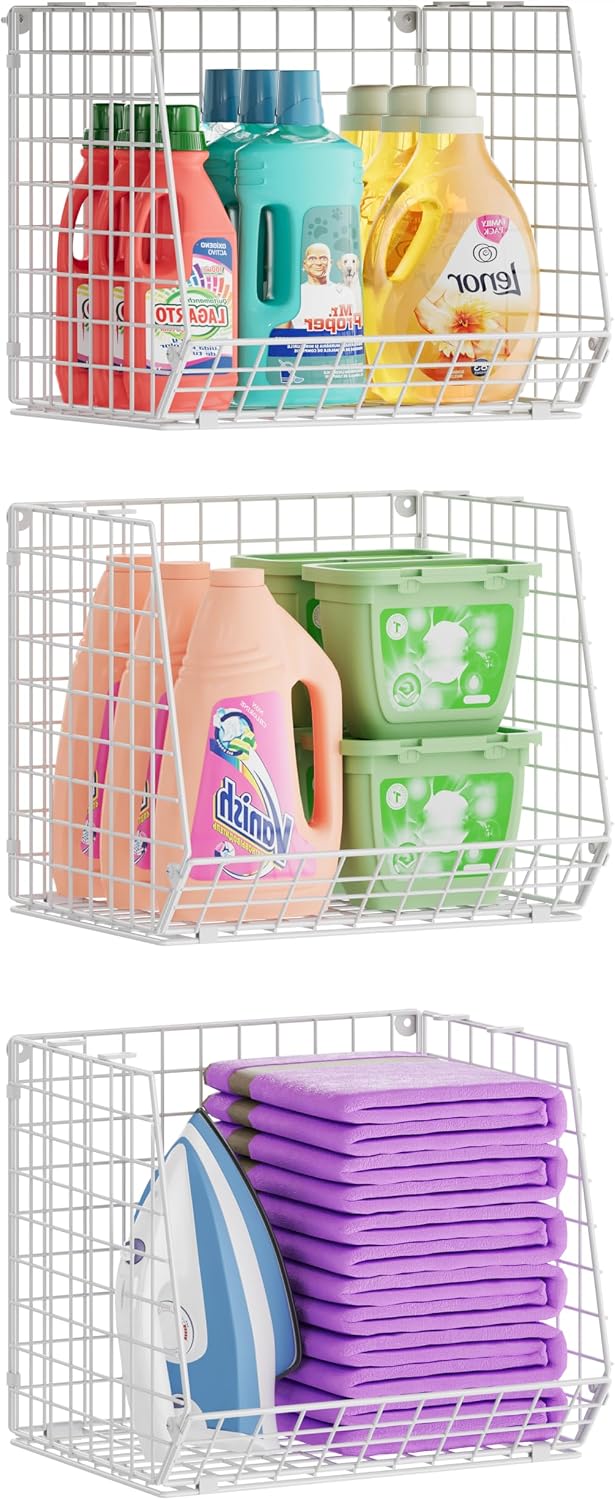 4-Tier Hanging Laundry Room Organizer: Foldable Wire Shelf Basket with 2 Large Hooks 1.65" & 360°Rotating Hooks – Space-Saving Laundry Storage Basket, for Wardrobe Closet Storage, White Patent