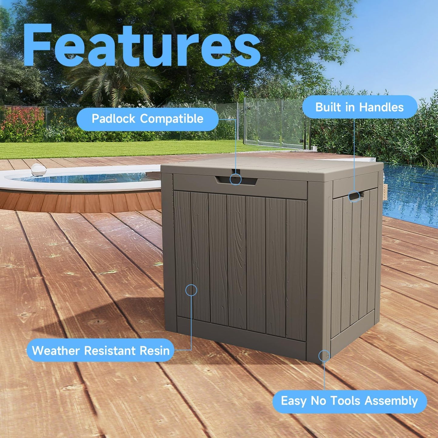 EasyUp 50 Gallon Outdoor Storage Box Waterproof Lockable Deck Boxes | UV Resistant Resin, for Garden Tools Cushions Patio Equipment, 300 lbs Capacity, Portable Design, Easy 16-Min Assembly