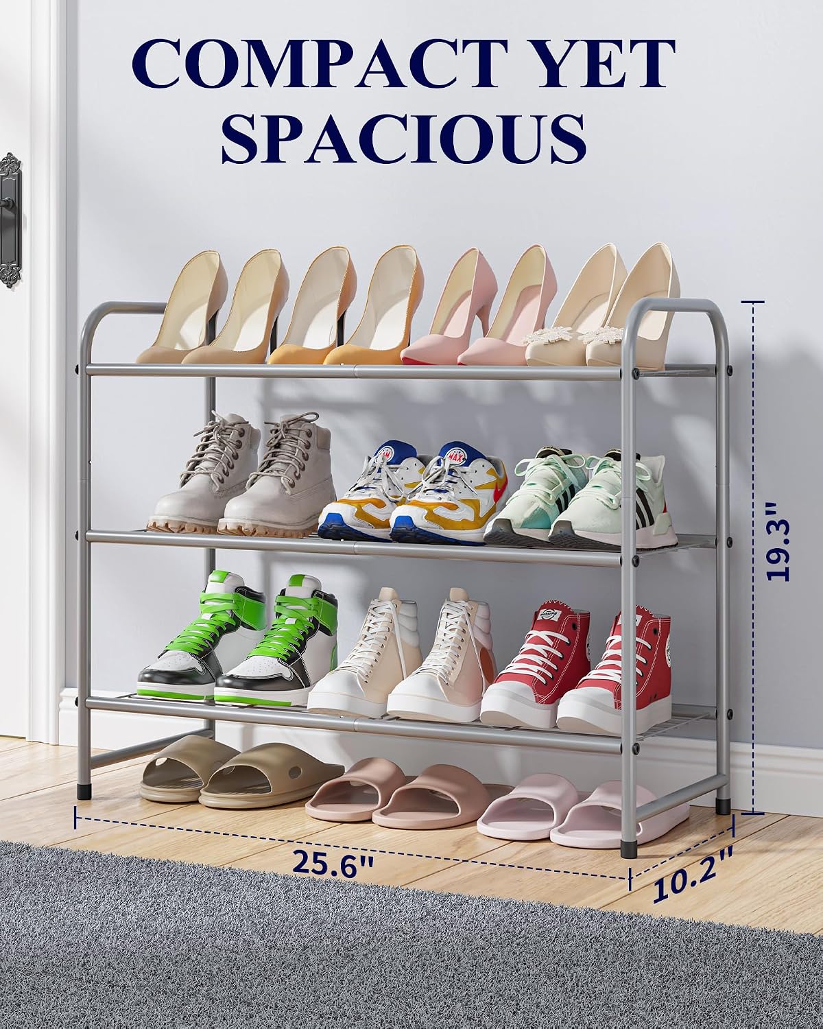 Kitsure Shoe Rack - Stainless Steel Shoe Organizer, Sturdy Shoe Rack for Closet and Front Door Entrance, Free Standing Shoe Shelf, Closet Organizers and Storage, 25.6" Wide - 3 Tier, Black
