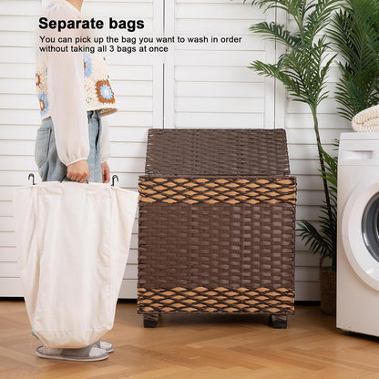 OIAHOMY Laundry Hamper with Lid, 140L Clothes Hamper with 3 Removable Liner Bags, Foldable Basket with Lid, Synthetic Wicker Laundry Basket for Bedroom, 27x 13 x 26 Inches, Yellow