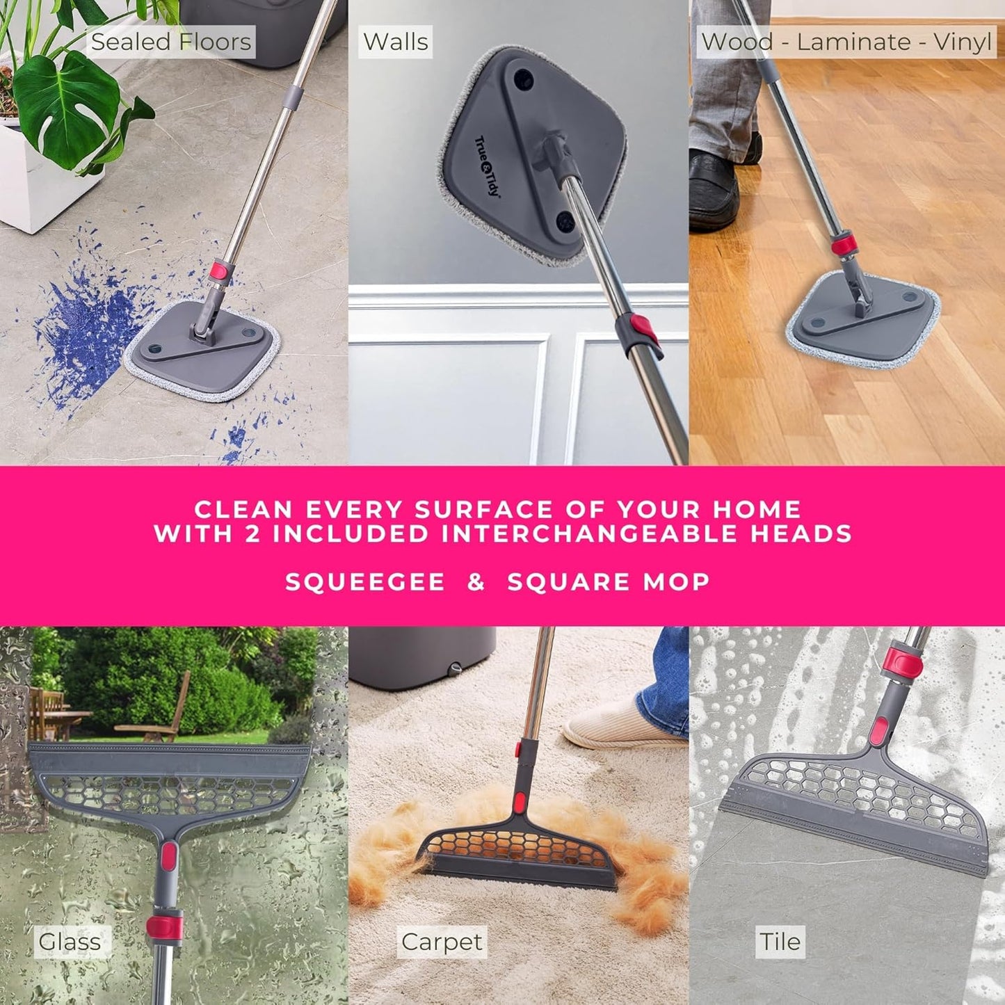TRUE & TIDY Square Spin Mop & Bucket System – Dual Chamber for Clean & Dirty Water, 360° Rotating Self-Wringing Mop with Built-in Scrub Brush, Stainless Steel Handle & 2 Reusable Microfiber Mop Pads