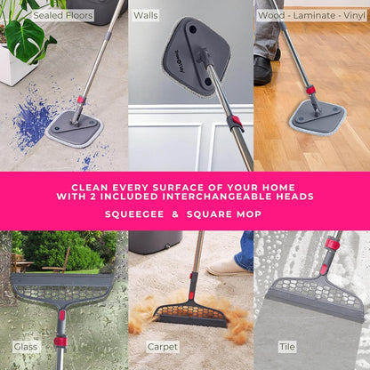 TRUE & TIDY Square Spin Mop & Bucket System – Dual Chamber for Clean & Dirty Water, 360° Rotating Self-Wringing Mop with Built-in Scrub Brush, Stainless Steel Handle & 2 Reusable Microfiber Mop Pads