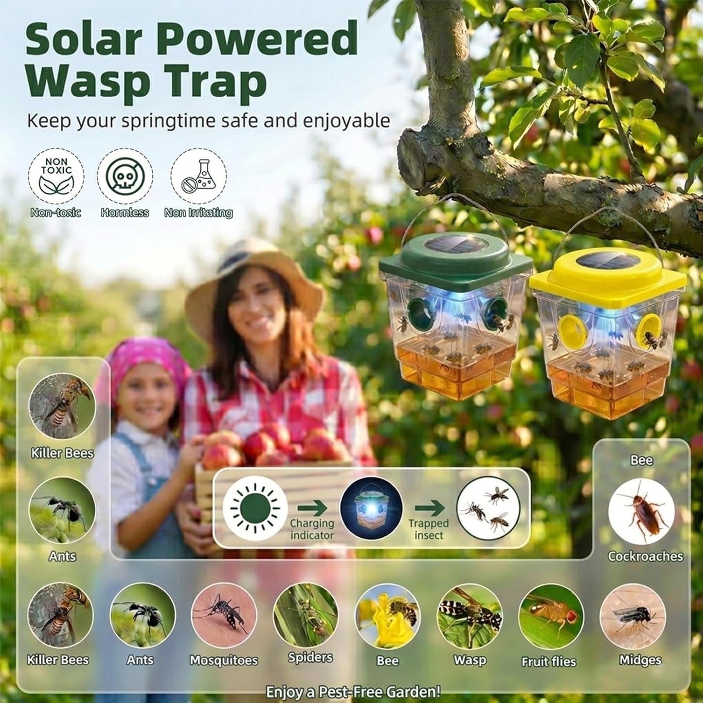 4 Pack Solar Wasp Traps Outdoor Hanging: Reusable Yellow Jacket Traps with LED Light - Effective Solar Powered Carpenter Bee Traps for Deck - Waterproof Wasp Deterrent for Garden & Yard (4)