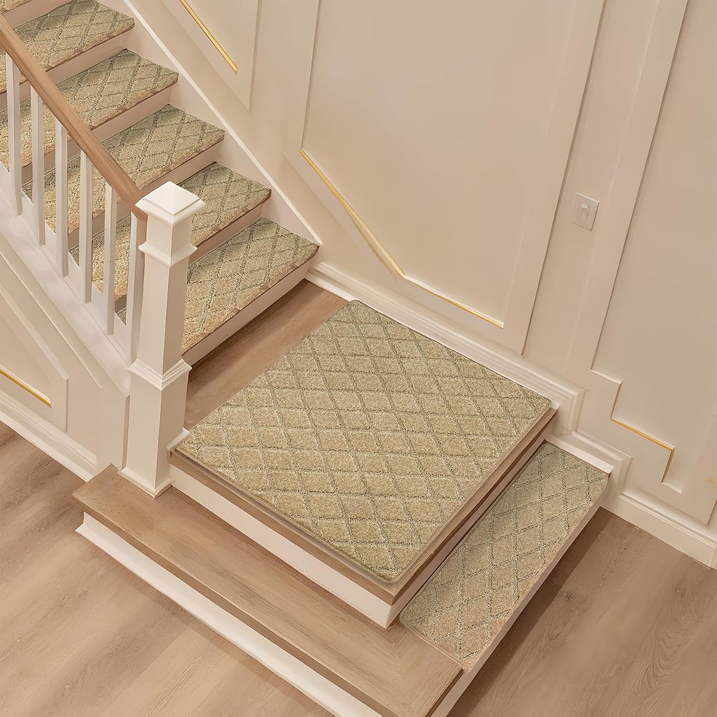 DEXDE Bullnose Stair Treads for Wooden Steps Non-Slip Stair Runner, 14 Pcs | Reusable bullnose carpet Stair Treads Indoor, Peel and Stick Stair Rugs with Edge Protection, Soft Washable, 30"x9.5" Grey