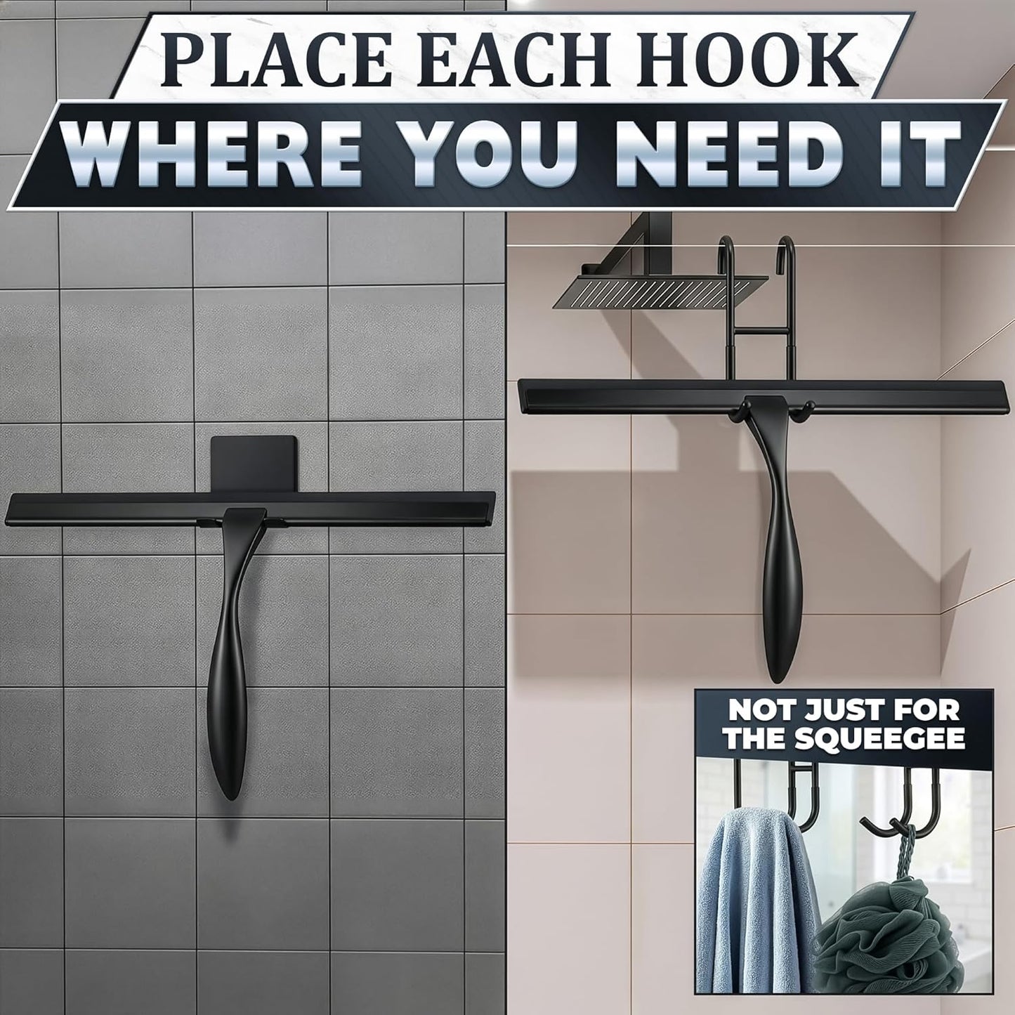 Shower Door Squeegee with Adhesive & Hanging Hooks, 12" Silicone Blade - Stainless Steel All-Purpose Squeegee for Shower Glass, Bathroom Mirror Cleaner Tool Suitable for Tile Walls - Multi-Surface Use