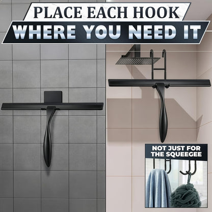 Shower Door Squeegee with Adhesive & Hanging Hooks, 12" Silicone Blade - Stainless Steel All-Purpose Squeegee for Shower Glass, Bathroom Mirror Cleaner Tool Suitable for Tile Walls - Multi-Surface Use
