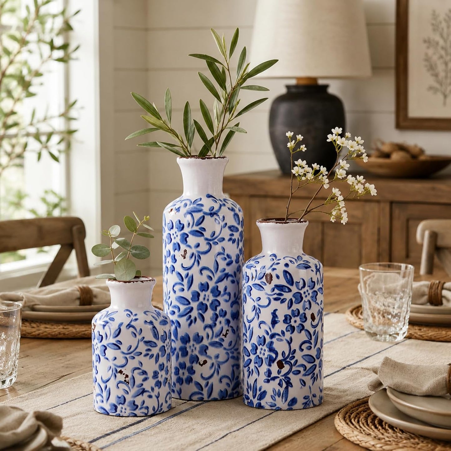 Ceramic Vase Set of 3 – Small Flower Vases, Modern Farmhouse Boho Flower Vases for Home Decor, Rustic Pottery Vases for Centerpieces, Living Room, Shelf, Fireplace, Entryway Decor, Table or Cabinet