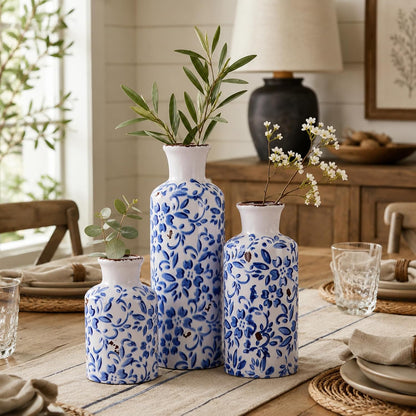 Ceramic Vase Set of 3 – Small Flower Vases, Modern Farmhouse Boho Flower Vases for Home Decor, Rustic Pottery Vases for Centerpieces, Living Room, Shelf, Fireplace, Entryway Decor, Table or Cabinet