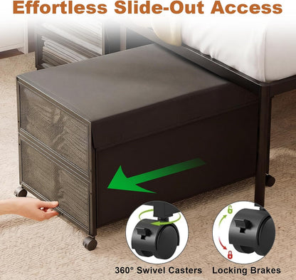 2 Pack Under the Bed Storage Containers,10 inch Height Under Bed Shoe Storage,31inch Long Underbed Storage with Wheels,Large Rolling under bed Clothes Storage Drawers with Lid for Dorm Tall ,Black