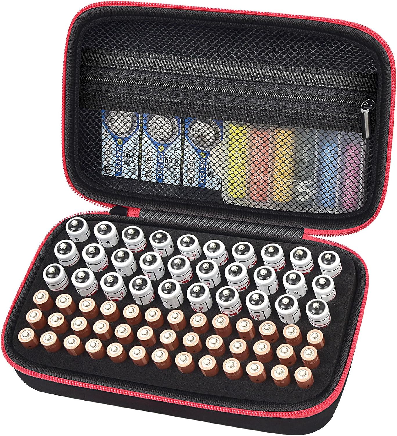 ALKOO 136+ Battery Organizer Storage Case with BT-168 Tester | AA AAA C D 9V & Button Cells Batteries Holder Box, Foam Protection, Home / Garage / Drawer Organization, Case Only, Red