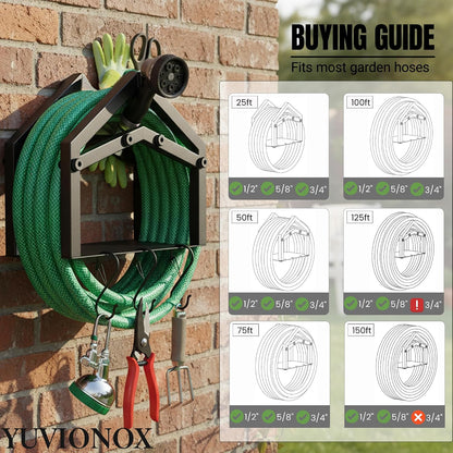 Stainless Steel Garden Hose Holder Wall Mount, Heavy Duty Hose Hanger Wall Mount with Storage Holds Up to 150ft Hose, Black Wall Mounted Hose Holder for Outside Garden, Garage, Anti-Rust