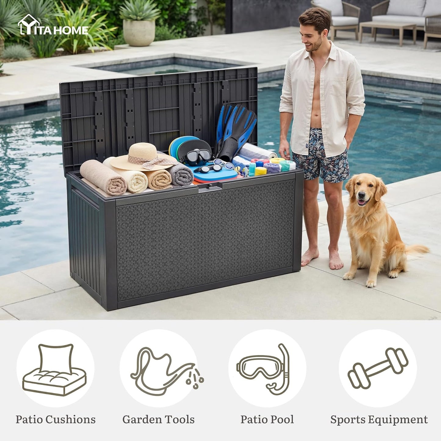 YITAHOME 100 Gallon Large Outdoor Deck Box | Waterproof Resin Storage Box, Lockable Indoor Outdoor Storage Container for Patio Furniture Cushions, Pool Accessories