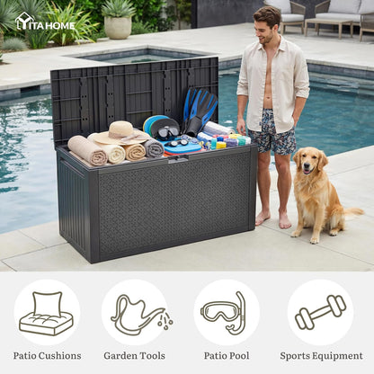 YITAHOME 100 Gallon Large Outdoor Deck Box | Waterproof Resin Storage Box, Lockable Indoor Outdoor Storage Container for Patio Furniture Cushions, Pool Accessories