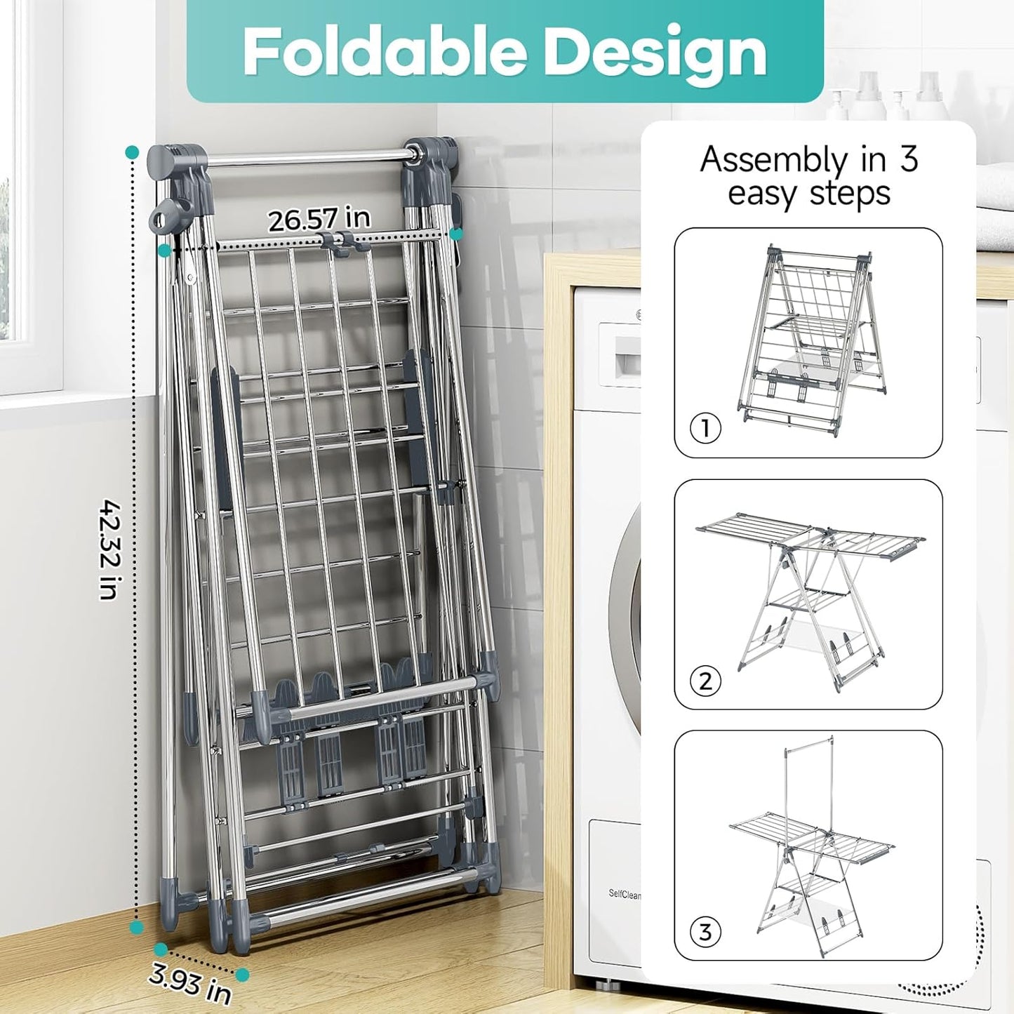 APEXCHASER Clothes Drying Rack with High Hanger, Foldable 3-Level Drying Racks with Shoe Rack, Crossbar and Vertical Rod Laundry Stand with Adjustable Wings Silver
