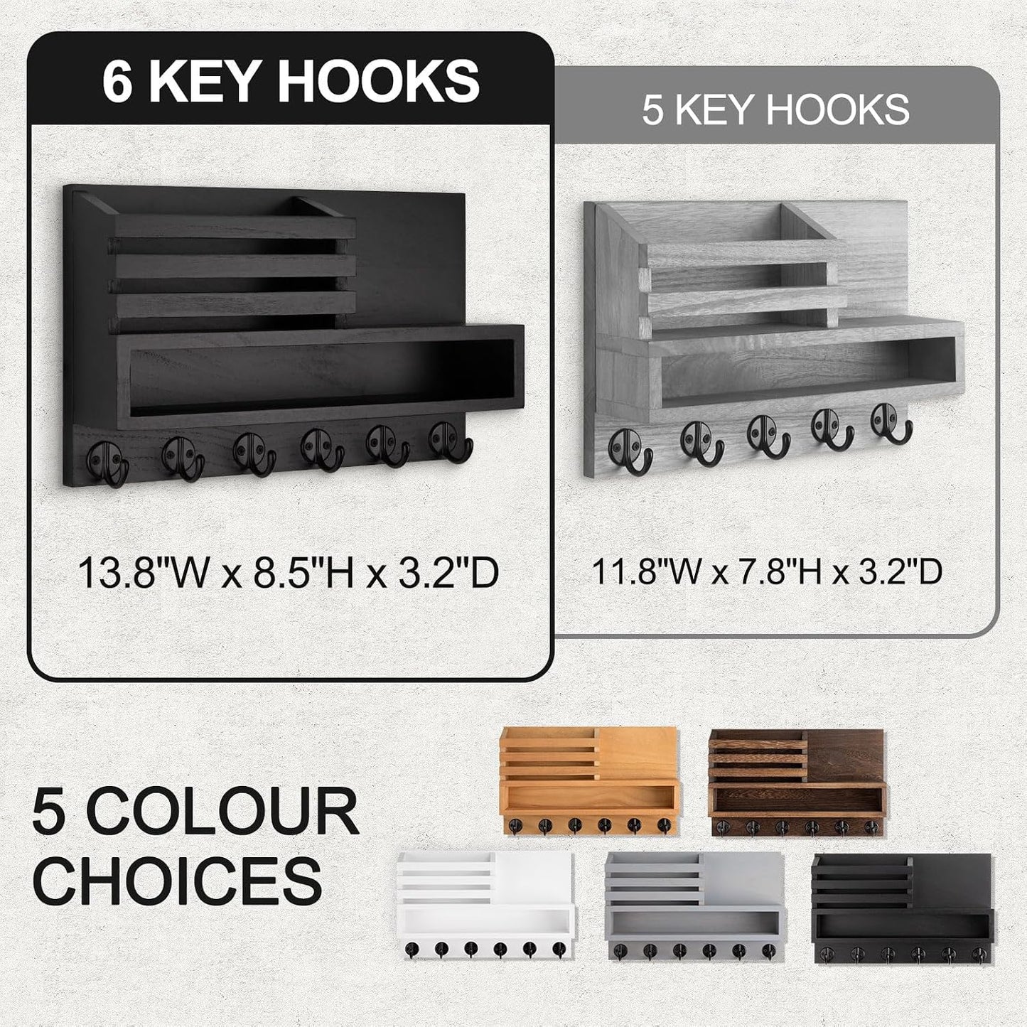 Key and Mail Holder Wall Mount, Key Hanger with Long Storage Box and 5 Hooks for Coat, Dog Leash, Home Decor Rack, House Accessories, Entry Way Organizer 11.8”W x 7.8”H x 3.2”D