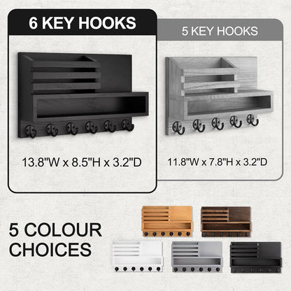 Key and Mail Holder Wall Mount, Key Hanger with Long Storage Box and 5 Hooks for Coat, Dog Leash, Home Decor Rack, House Accessories, Entry Way Organizer 11.8”W x 7.8”H x 3.2”D