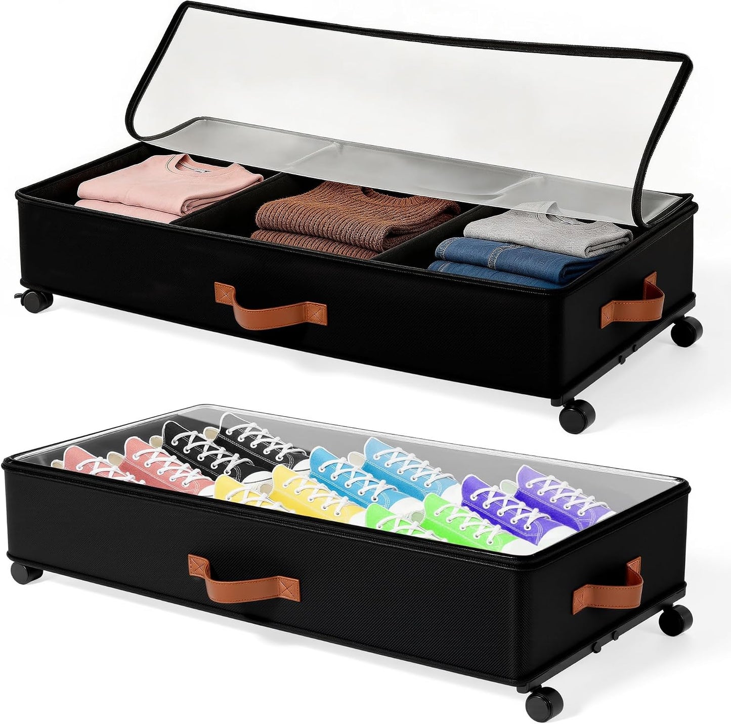 VECELO Under Bed Storage with Wheels, 2 Pack Fully Enclosed Zippered Dust Cover Bins with Clear Lids, Metal Frame and Ultra Thick Fabric Underbed Storage Organizer, Shoe Storage Box, Black