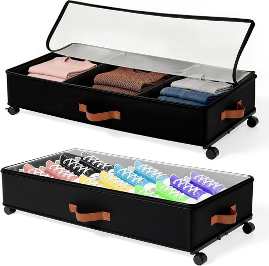 VECELO Under Bed Storage with Wheels, 2 Pack Fully Enclosed Zippered Dust Cover Bins with Clear Lids, Metal Frame and Ultra Thick Fabric Underbed Storage Organizer, Shoe Storage Box, Black