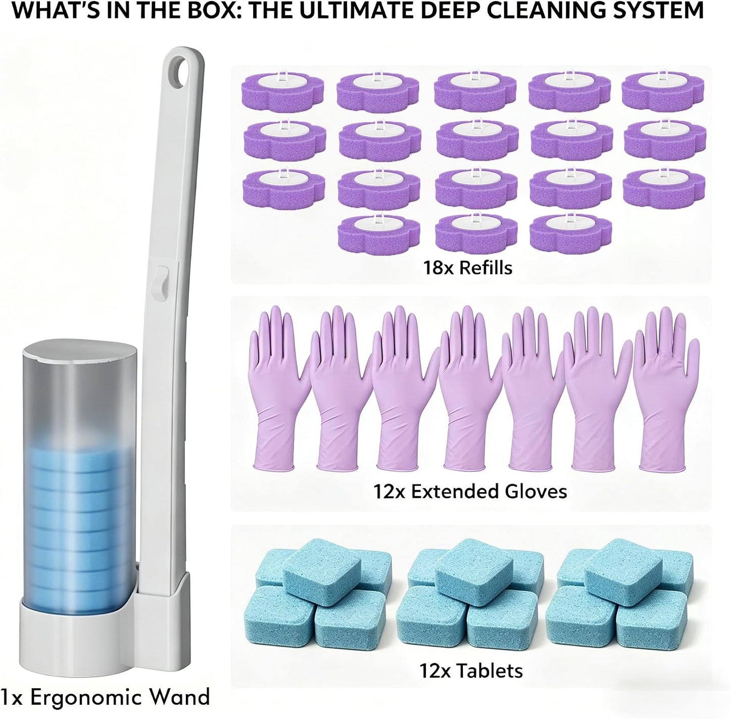 All-in-One Toilet Cleaning Kit - Disposable Toilet Brush with 18 Refills, 12 Extended Cleaning Gloves &12 Deep Clean Tablets - No Touch Bathroom Wand, Zero-Touch Cleaning System for Home & Apartment