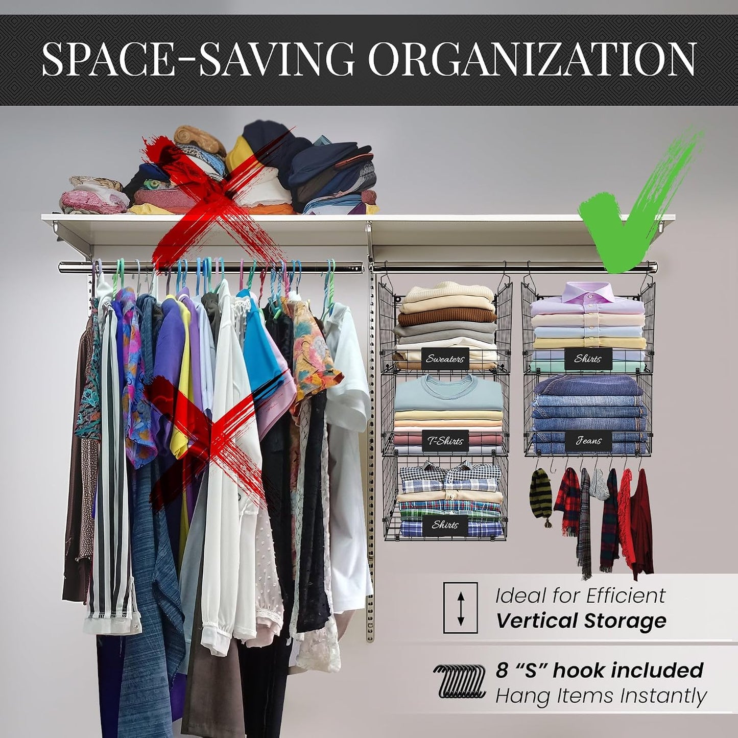 DECOLURE 5-Tier Adjustable Hanging Closet Organizer – Maximize Hanging Storage w/ 4 Hanging Hooks, 8 S Hooks & 5 Name Plates - Sturdy Foldable Wire Storage Hanging Shelves for Clothes, Towels (White)