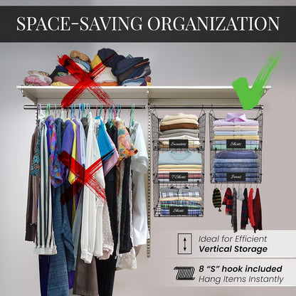 DECOLURE 5-Tier Adjustable Hanging Closet Organizer – Maximize Hanging Storage w/ 4 Hanging Hooks, 8 S Hooks & 5 Name Plates - Sturdy Foldable Wire Storage Hanging Shelves for Clothes, Towels (White)